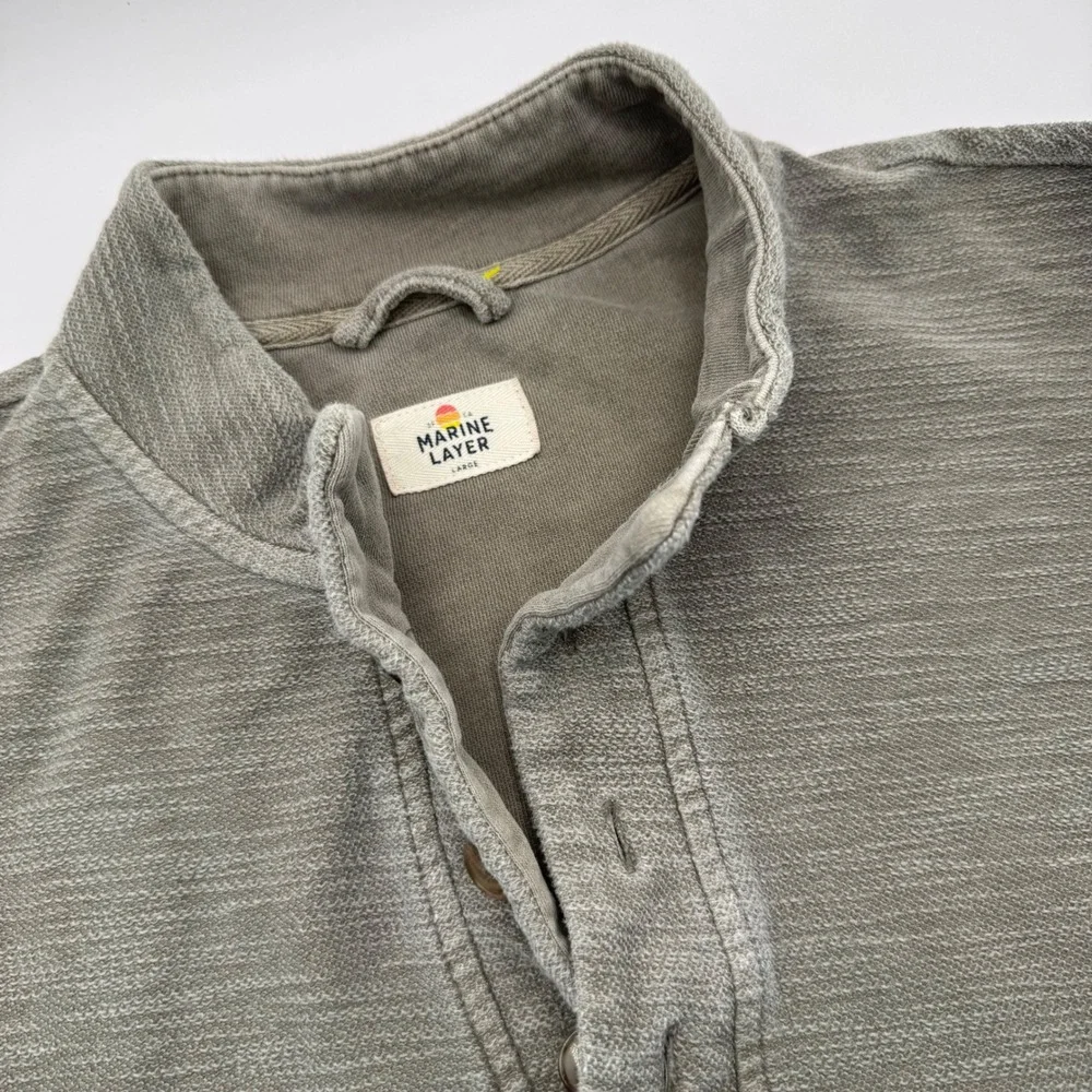 Marine Layer Men Large Olive Grey Textured Slub Knit Long Sleeve Henley Pullover